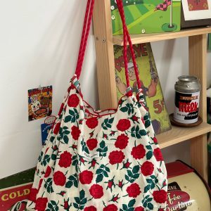 Korean Style Summer Floral Canvas Shoulder Bag, Large Capacity Tote, Japanese Casual Versatile Handbag for Everyday Use