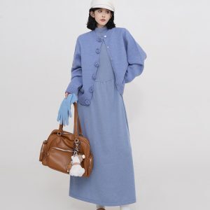 Korean Style Thickened High-Neck Long Sleeve Knitted Dress for Women - A-Line Waist-Cinching Autumn Winter Fashion