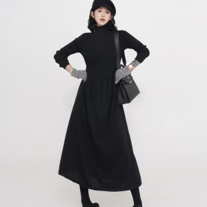 Korean Style Thickened High-Neck Long Sleeve Knitted Dress for Women - A-Line Waist-Cinching Autumn Winter Fashion