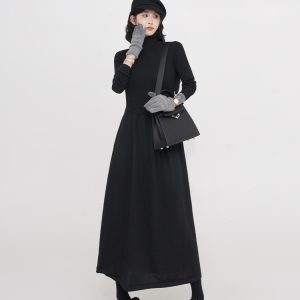 Korean Style Thickened High-Neck Long Sleeve Knitted Dress for Women - A-Line Waist-Cinching Autumn Winter Fashion