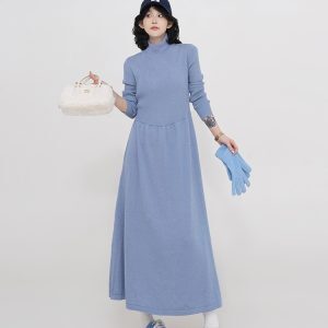 Korean Style Thickened High-Neck Long Sleeve Knitted Dress for Women - A-Line Waist-Cinching Autumn Winter Fashion
