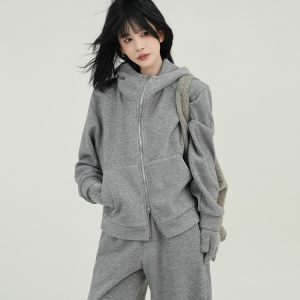 Korean Style Thickened Solid Color Hooded Long Sleeve Sweatshirt Jacket for Women - Versatile Loose Cardigan for Autumn & Winter