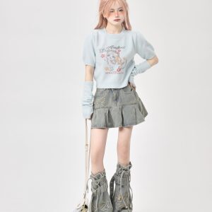 Korean-Style Two-Piece Knitted High-Waisted T-Shirt for Women - Short Sleeves, Unique Sweet and Spicy Ethereal Design