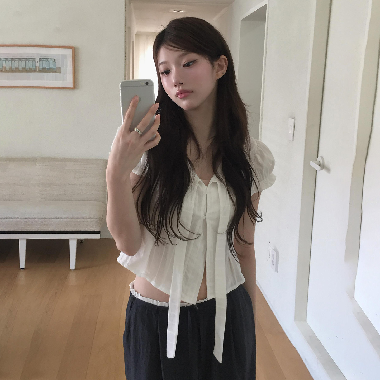 Korean Style V-Neck Tie T-Shirt - Lightweight, Sheer Short Top with Artistic Design for a Chic, Versatile Look