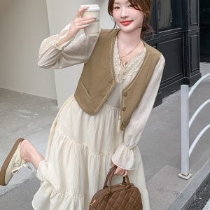 Korean-Style Vest and Long Dress Set for Women - Stunning Autumn 2024 Outfit, Elegant Layered Look, Fashionable Fall Trends