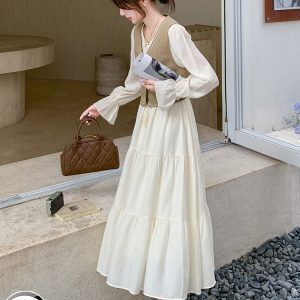 Korean-Style Vest and Long Dress Set for Women - Stunning Autumn 2024 Outfit, Elegant Layered Look, Fashionable Fall Trends
