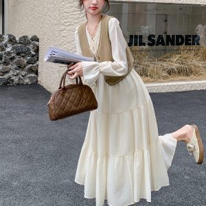 Korean-Style Vest and Long Dress Set for Women - Stunning Autumn 2024 Outfit, Elegant Layered Look, Fashionable Fall Trends