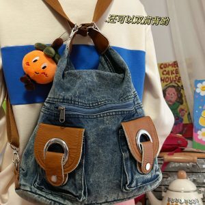 Korean-Style Vintage Large-Capacity Denim Crossbody Tote Bag for Women - Versatile College Student Backpack