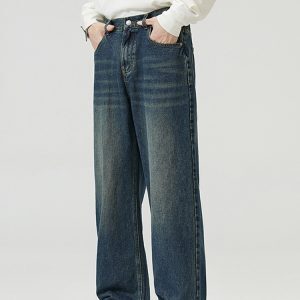 Korean Style Vintage Wash Wide-Leg Denim Pants for Men and Women, Casual Loose Straight Trousers, Trendy 90s Fashion