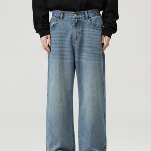 Korean Style Vintage Wash Wide-Leg Denim Pants for Men and Women, Casual Loose Straight Trousers, Trendy 90s Fashion