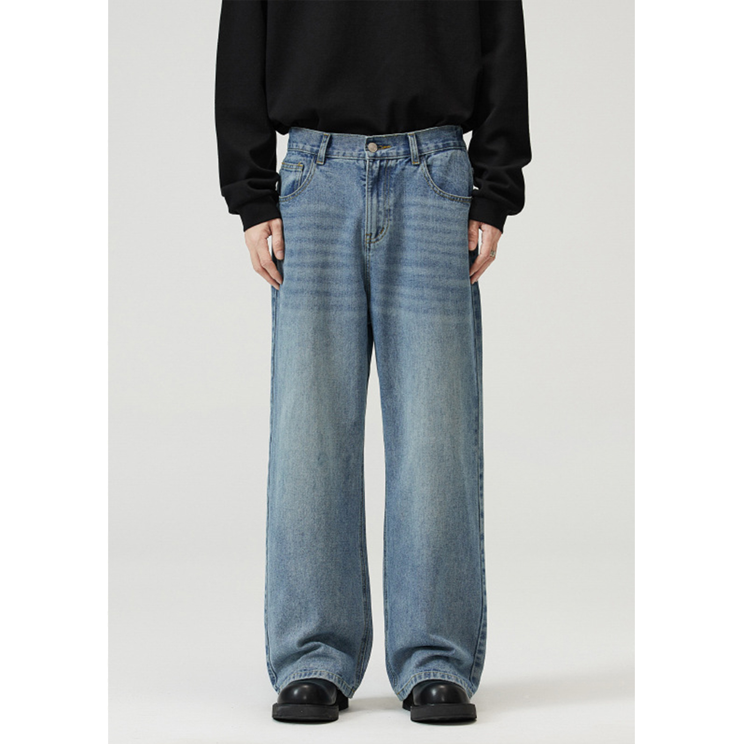 Korean Style Vintage Wash Wide-Leg Denim Pants for Men and Women, Casual Loose Straight Trousers, Trendy 90s Fashion