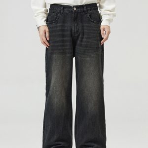 Korean Style Vintage Wash Wide-Leg Denim Pants for Men and Women, Casual Loose Straight Trousers, Trendy 90s Fashion