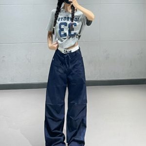 Korean Style Women's Gray Off-Shoulder Letter Short Top with Quick-Dry Cargo Sports Pants Dance Outfit