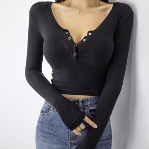 Korean Style Women's Spring Deep V Neck Long Sleeve Slim-Fit T-Shirt - Flattering and Versatile Base Layer Top