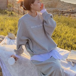 Korean Style Women's Sweatshirt and Long Skirt Set - Casual Two-Piece Outfit for Spring and Autumn 2025