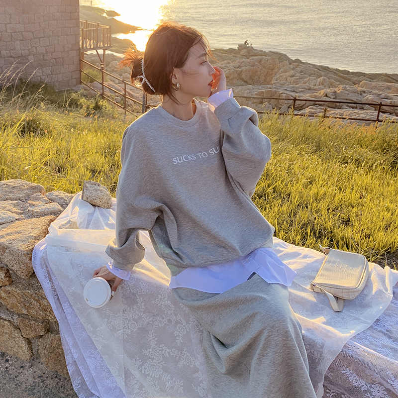 Korean Style Women's Sweatshirt and Long Skirt Set - Casual Two-Piece Outfit for Spring and Autumn 2025