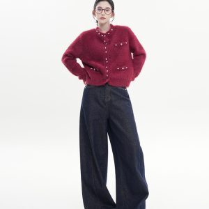 Korean Style Women's Winter Loose Knit Cardigan Sweater with Round Neck and Long Sleeves