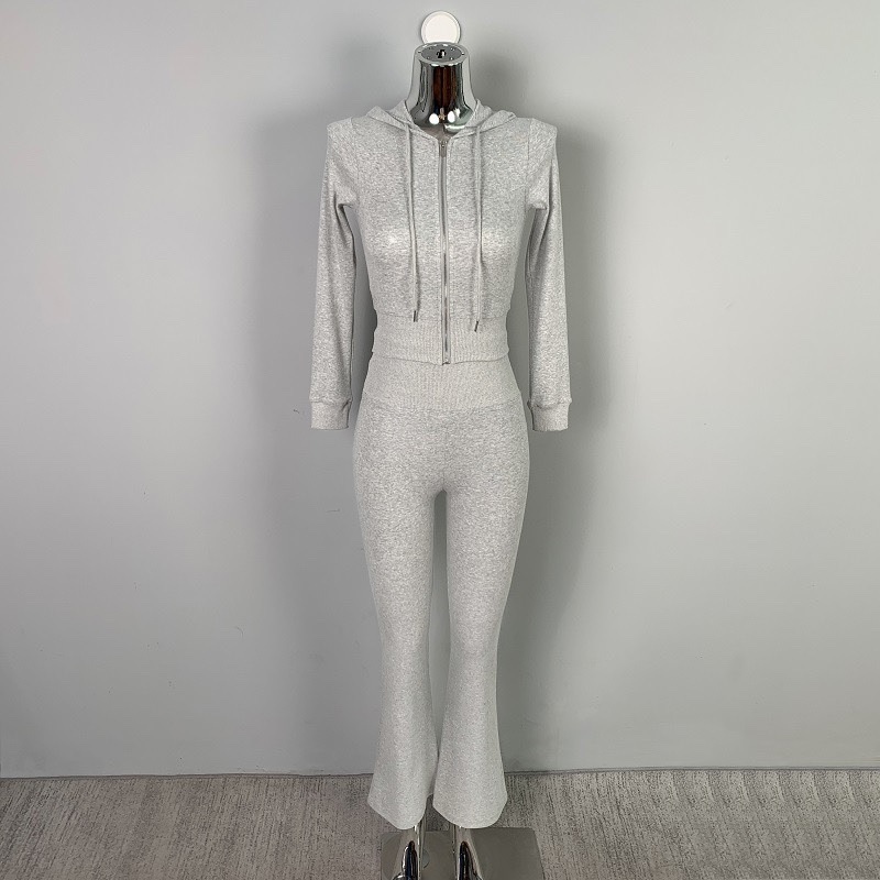 Korean Style Zip-Up Hooded Slim-Fit Sweatshirt and High-Waisted Long Pants Two-Piece Set for Women