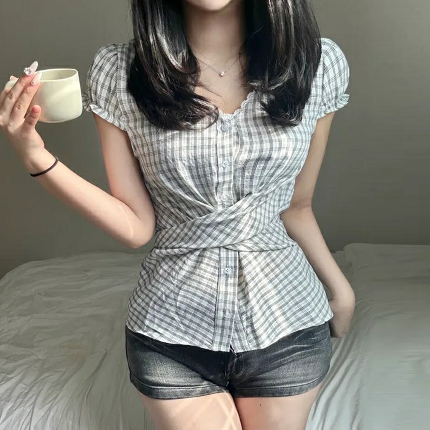 Korean Women's Vintage Plaid Button-Up Short Top with Back Tie Waist - Trendy Y2K Style