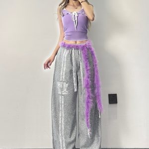 Kpop Gray-Purple Dance Outfit with Lace Splicing Sports Pants and Purple Lace Camisole - Stylish Y2K Inspired Look