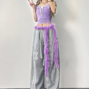 Kpop Gray-Purple Dance Outfit with Lace Splicing Sports Pants and Purple Lace Camisole - Stylish Y2K Inspired Look