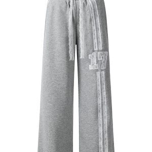 Kpop Gray-Purple Dance Outfit with Lace Splicing Sports Pants and Purple Lace Camisole - Stylish Y2K Inspired Look