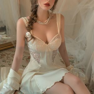 Lace Camisole Nightgown Set for Women - French-Style Sexy Sleepwear with Chest Pads, Ice Silk for Spring & Autumn Homewear