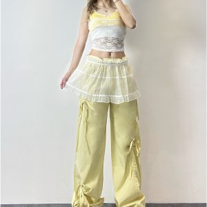 Lace Camisole & Yellow Bow Sports Pants Set - Kpop Jazz Dance Outfit, Fake Two-Piece Style, Long Trousers for Performance and Practice