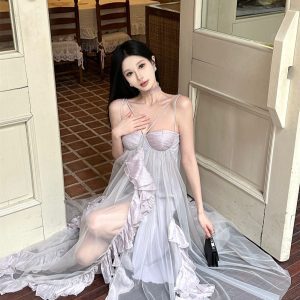 Lace Chiffon Spaghetti Strap Dress for Women, Tulle Long Skirt, Fairy Style for Summer Vacation, Spring Fashion, Bohemian Look