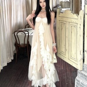 Lace Chiffon Spaghetti Strap Dress for Women, Tulle Long Skirt, Fairy Style for Summer Vacation, Spring Fashion, Bohemian Look