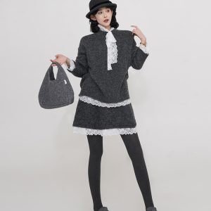 Lace Edge Spliced Thick Knitted Sweater Set for Women - Autumn Winter Loose Long Sleeve Christmas Top in Korean Style