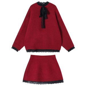 Lace Edge Spliced Thick Knitted Sweater Set for Women - Autumn Winter Loose Long Sleeve Christmas Top in Korean Style