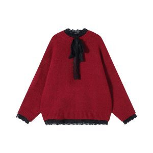 Lace Edge Spliced Thick Knitted Sweater Set for Women - Autumn Winter Loose Long Sleeve Christmas Top in Korean Style