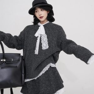 Lace Edge Spliced Thick Knitted Sweater Set for Women - Autumn Winter Loose Long Sleeve Christmas Top in Korean Style