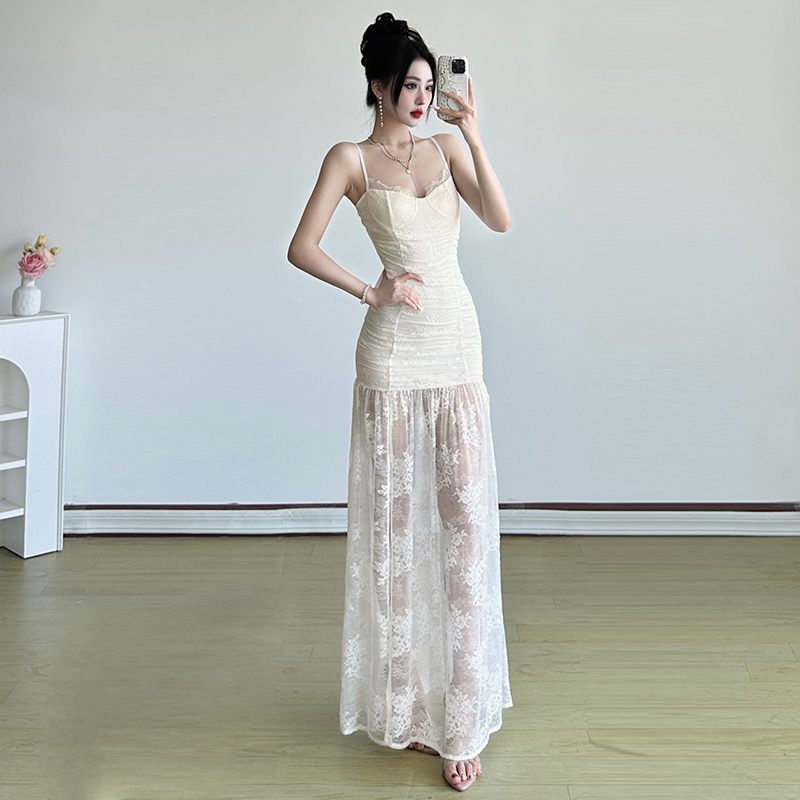 Lace Jacquard Bustier Long Dress with Pleats, Fitted Waist, Bodycon Silhouette, and Slit Design - French Elegance Style