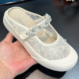 Lace Mesh Floral One-Strap Closed-Toe Women's Half Slippers - 2025 Summer Slip-On Shoes for Outdoor & Skirt Styling