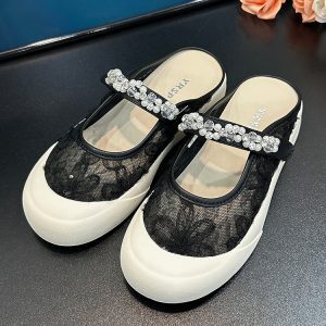 Lace Mesh Floral One-Strap Closed-Toe Women's Half Slippers - 2025 Summer Slip-On Shoes for Outdoor & Skirt Styling
