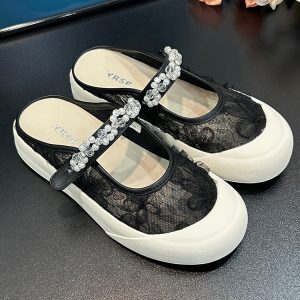 Lace Mesh Floral One-Strap Closed-Toe Women's Half Slippers - 2025 Summer Slip-On Shoes for Outdoor & Skirt Styling
