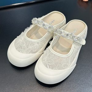 Lace Mesh Floral One-Strap Closed-Toe Women's Half Slippers - 2025 Summer Slip-On Shoes for Outdoor & Skirt Styling