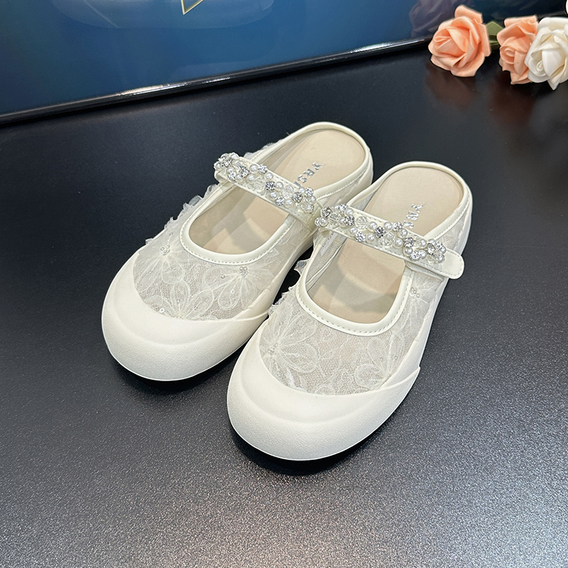 Lace Mesh Floral One-Strap Closed-Toe Women's Half Slippers - 2025 Summer Slip-On Shoes for Outdoor & Skirt Styling