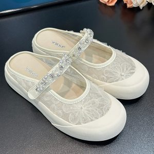 Lace Mesh Floral One-Strap Closed-Toe Women's Half Slippers - 2025 Summer Slip-On Shoes for Outdoor & Skirt Styling