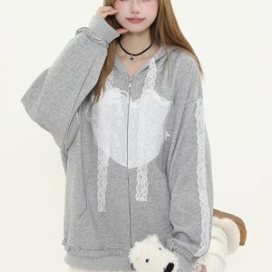 Lace Spliced Hooded Cardigan Sweatshirt for Women - Loose Versatile Gray Jacket for Spring and Autumn, Y2K Casual Style