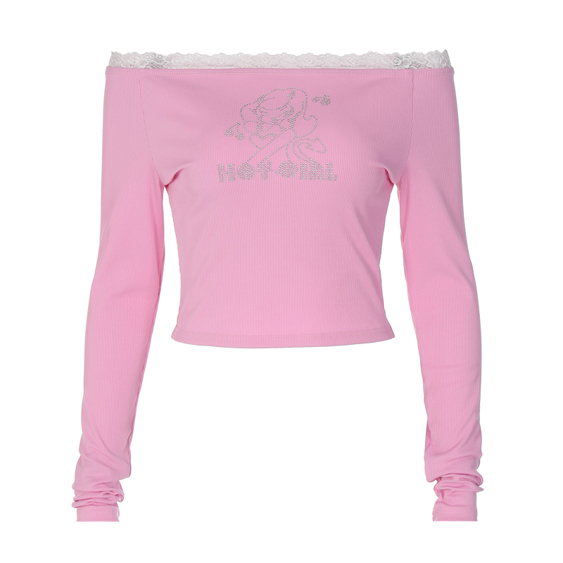 Lace Spliced Off-the-Shoulder Long Sleeve T-Shirt for Women with Diamond Print - Trendy Fitted Top for Early Autumn Style