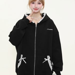 Lace Splicing Hooded Zipper Sweatshirt for Women - Casual Loose Fit Versatile Jacket - Spring Fashion Trend