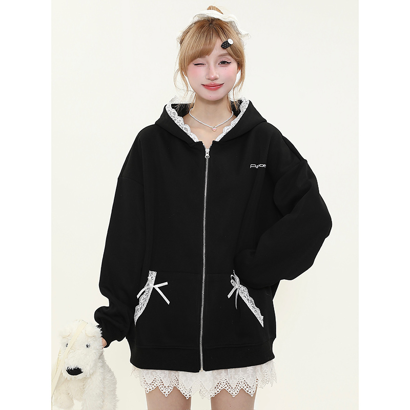 Lace Splicing Hooded Zipper Sweatshirt for Women - Casual Loose Fit Versatile Jacket - Spring Fashion Trend