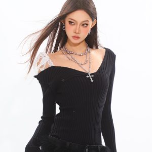 Lace Splicing Knitted Sweater for Women - Hot Girl Style Autumn Winter Base Layer Top, Trendy 90s-Inspired Fashion