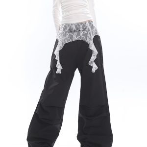 Lace Splicing Pleated Wide-Leg Trousers for Women - Unique Autumn/Winter Style, Trendy Niche Design, Fashionable Long Pants