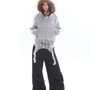 Lace Splicing Pleated Wide-Leg Trousers for Women - Unique Autumn/Winter Style, Trendy Niche Design, Fashionable Long Pants