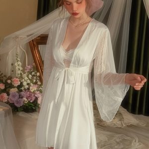 Lace-Trimmed Camisole Sleepwear Set with Chest Pads, Sexy Ice Silk Nightgown for Women, Autumn Winter 2024 Fashion