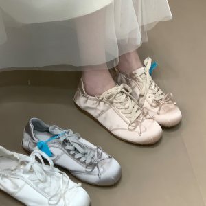 Lace-Up Ballet Training Shoes with Bow, Round Toe Casual Sports Footwear in Satin - Stylish Ocean One Design for Active Wear